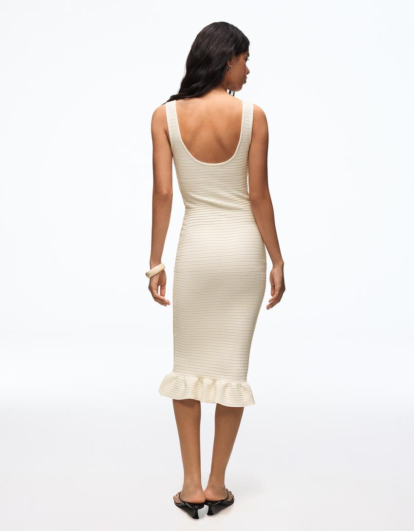 Midi knit dress with frill-Cream