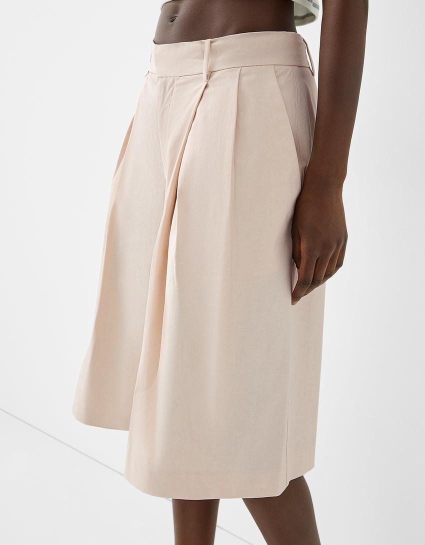 Pensli wide leg bermuda şort-Krem-2