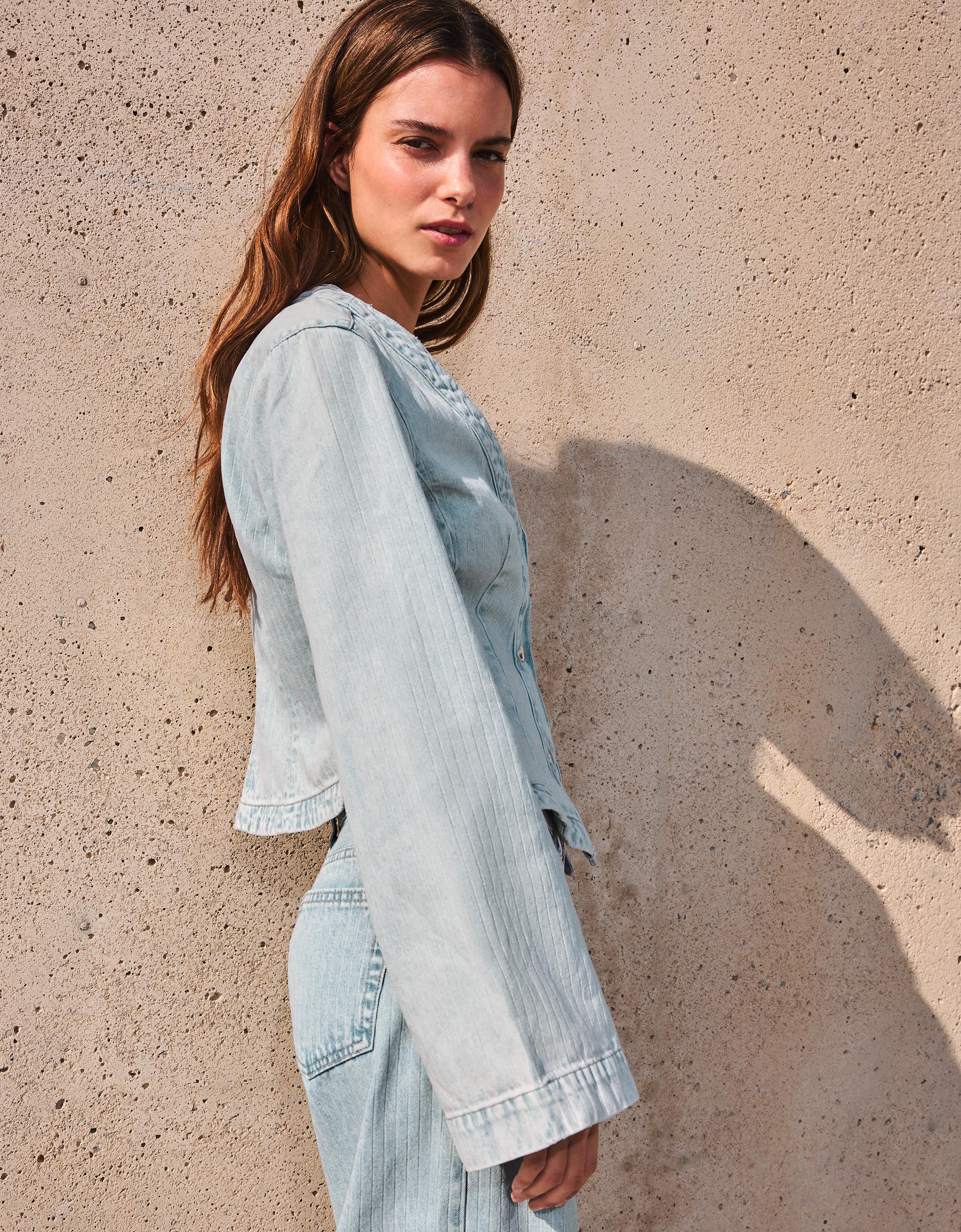 Striped peplum denim jacket