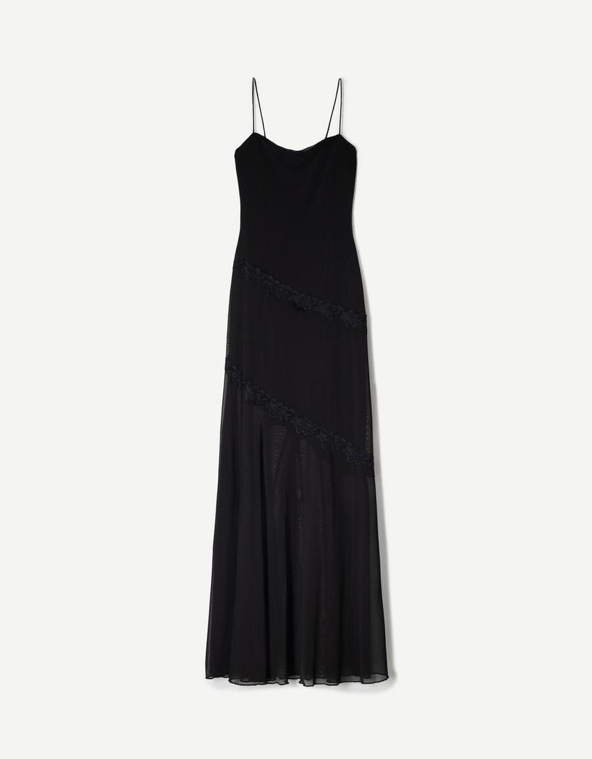 Blonde lace and tulle midi dress-Black