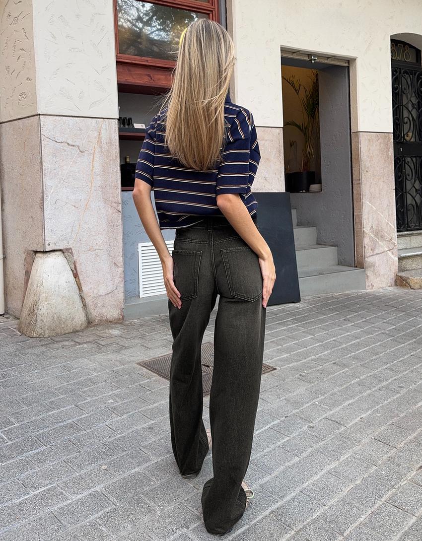 Geniş paça straight fit yüksek bel jean-Siyah