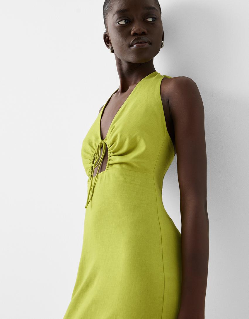 فستان طويل كتان بتفصيل فتحة-أخضر-3