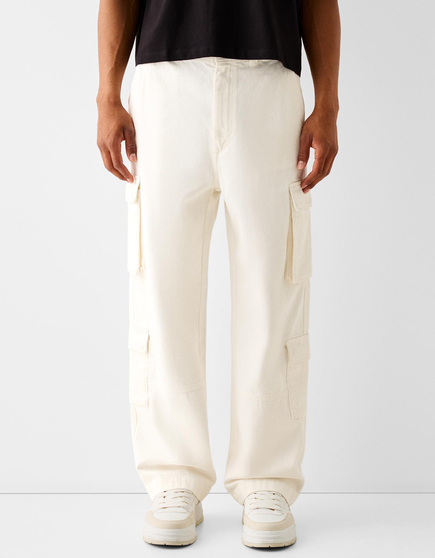 Bershka Pantaloni Cargo In Cotone Con Cuciture A Contrasto Uomo 38 (Eu 32) Bianco Roto