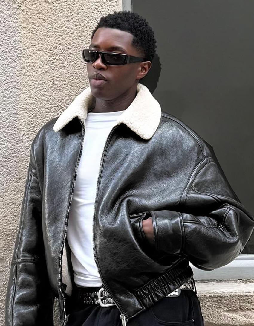 Vinyl effect jacket with fur collar-Black