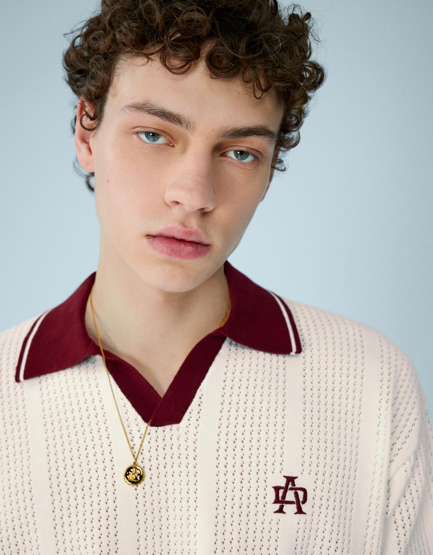 Kısa kollu baskılı polo-Kirli beyaz