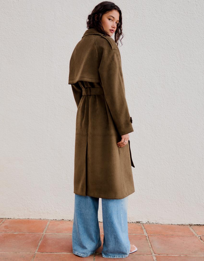Abrigo trench efecto suede-Visón
