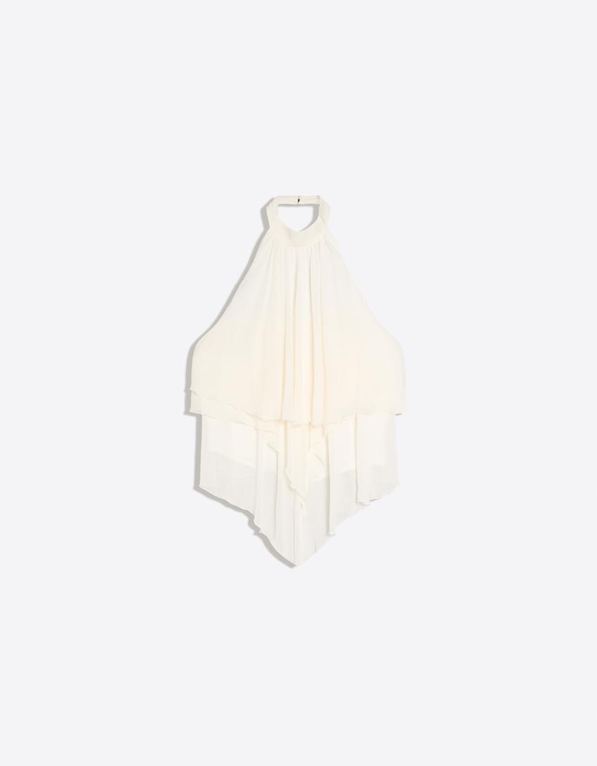 Top halter z falbankami-Kremowy