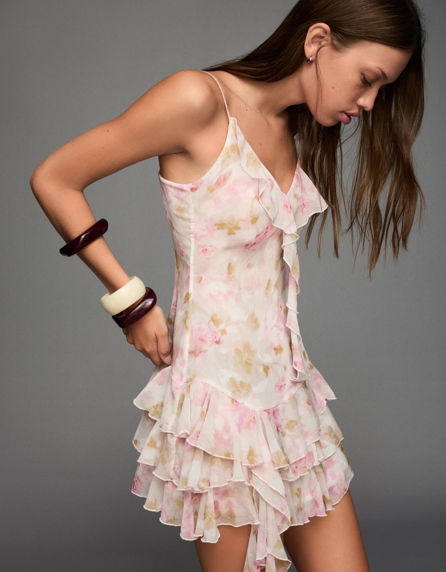 Bershka sukienka mini z falbankami wielokolorowy