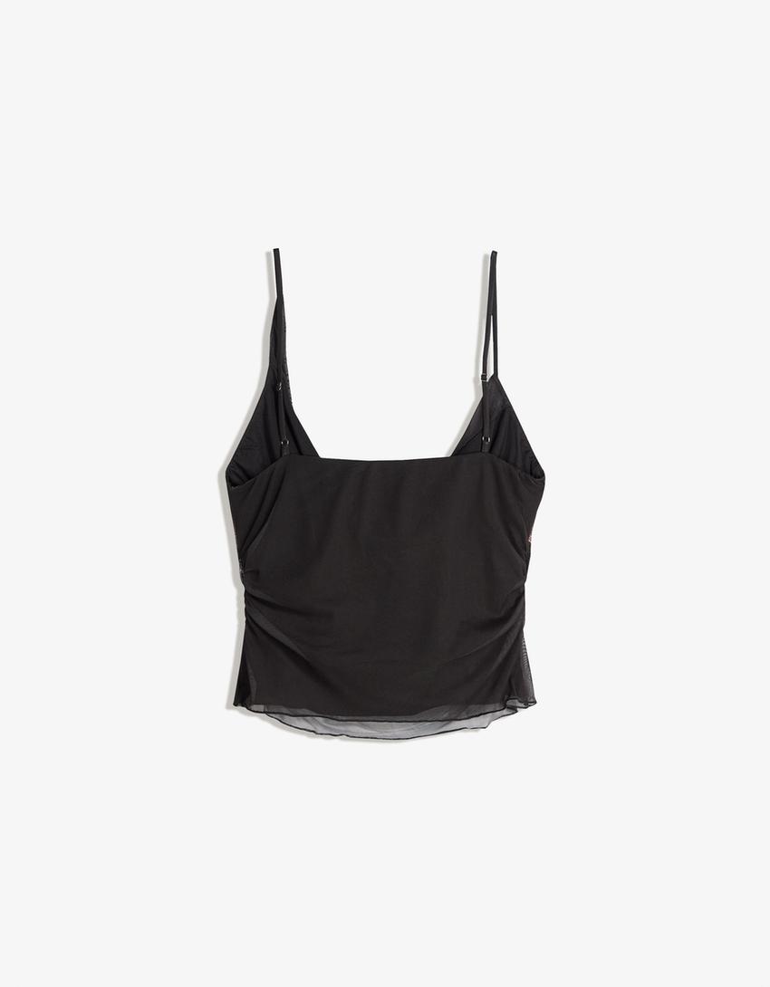 Top tirants tul drapat estampat estràs-Multicolor