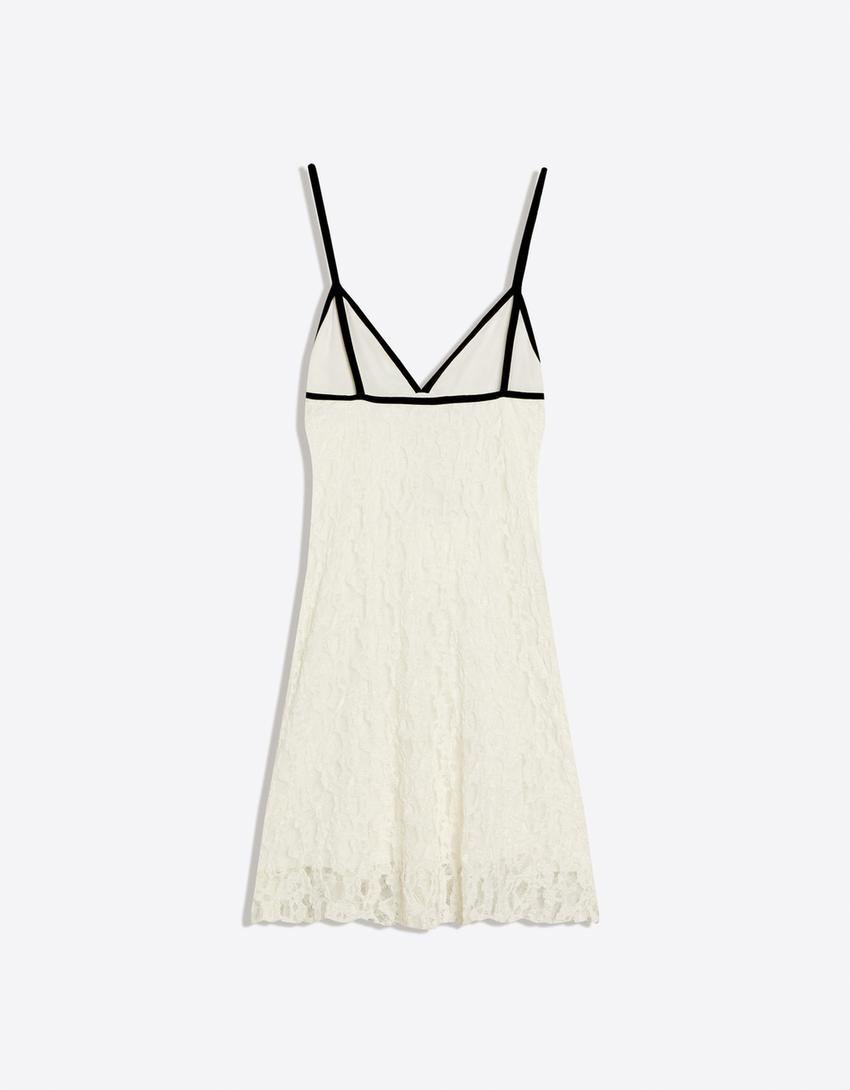 Vestido mini encaje contraste-Blanco roto