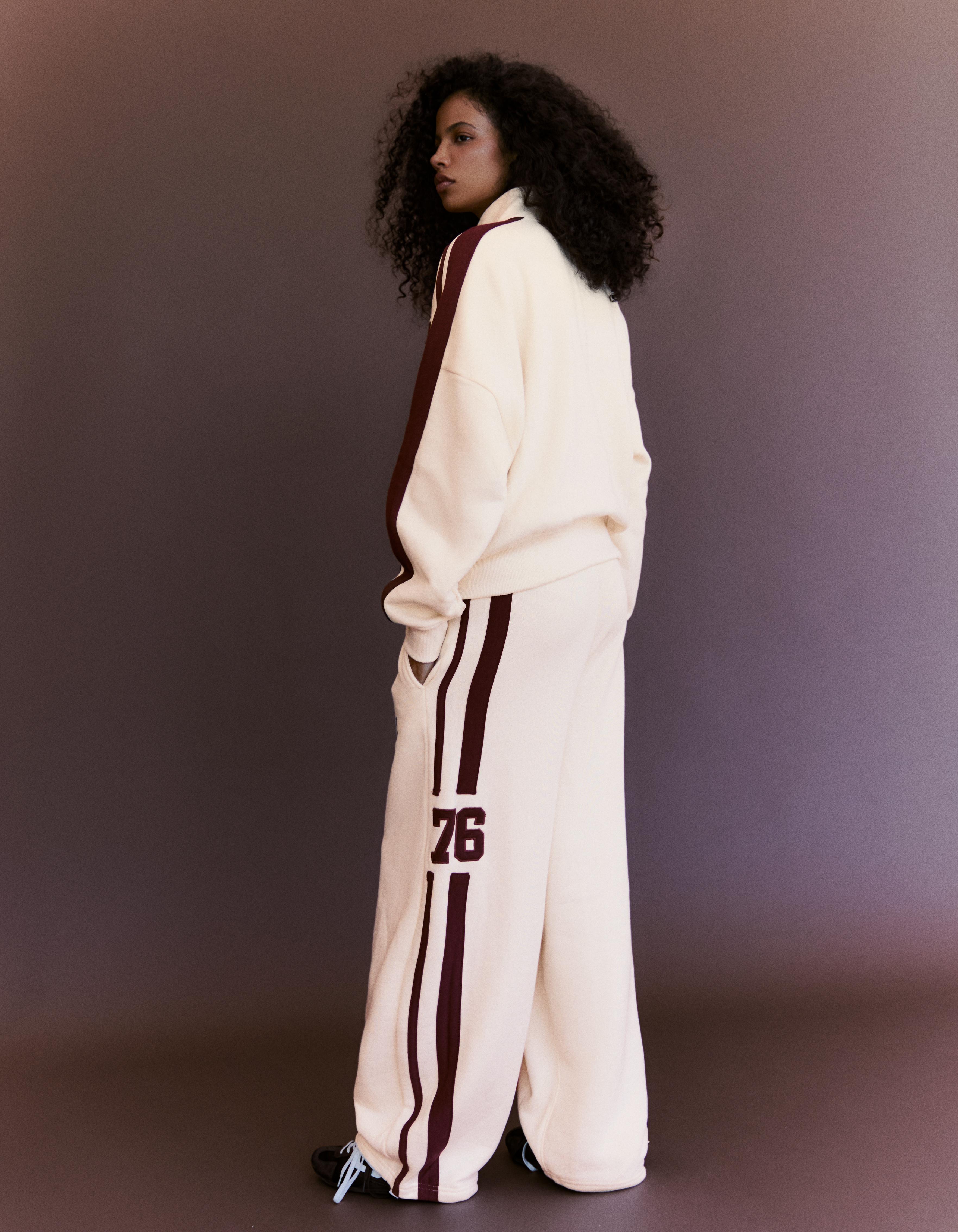 Plush zip-up sweatshirt with patch — Cream