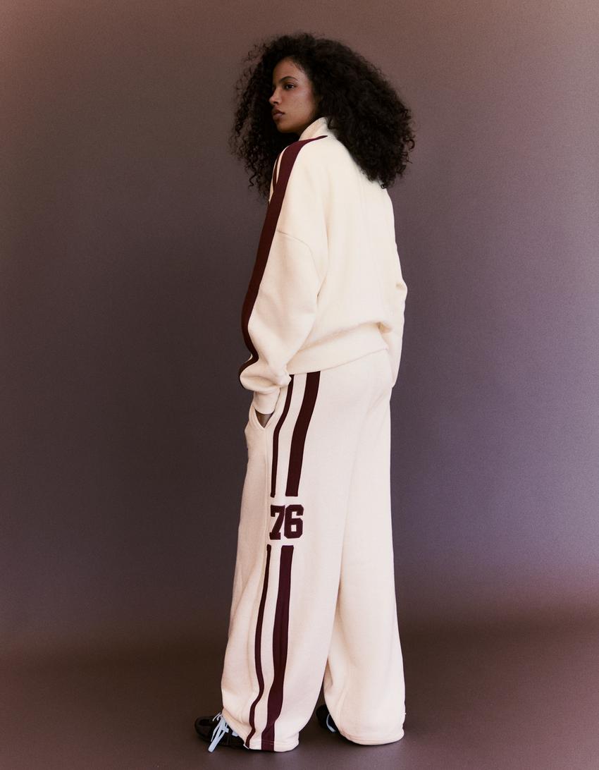 Plush zip-up sweatshirt with patch-Cream