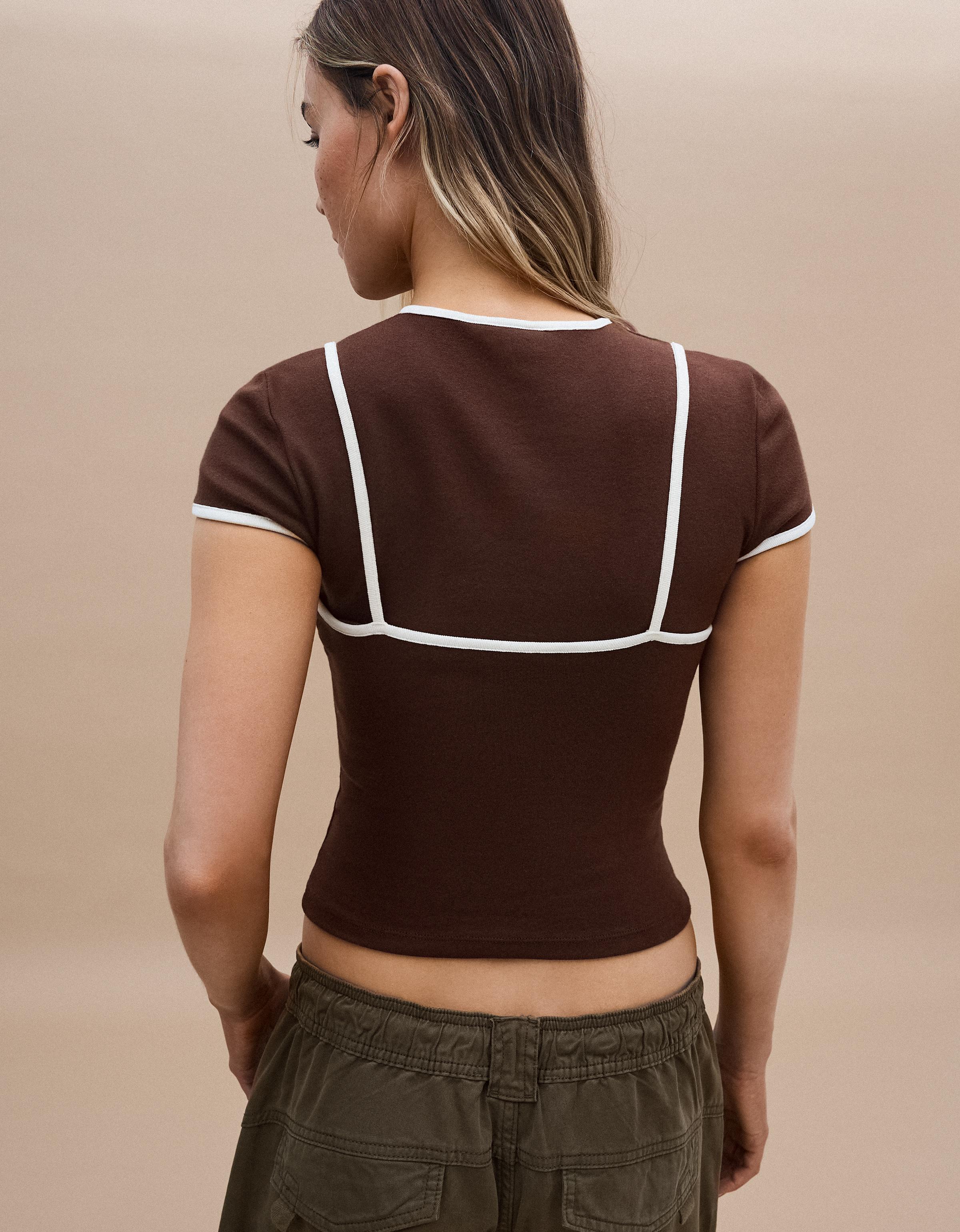 Double short sleeve T-shirt with contrast print — Brown
