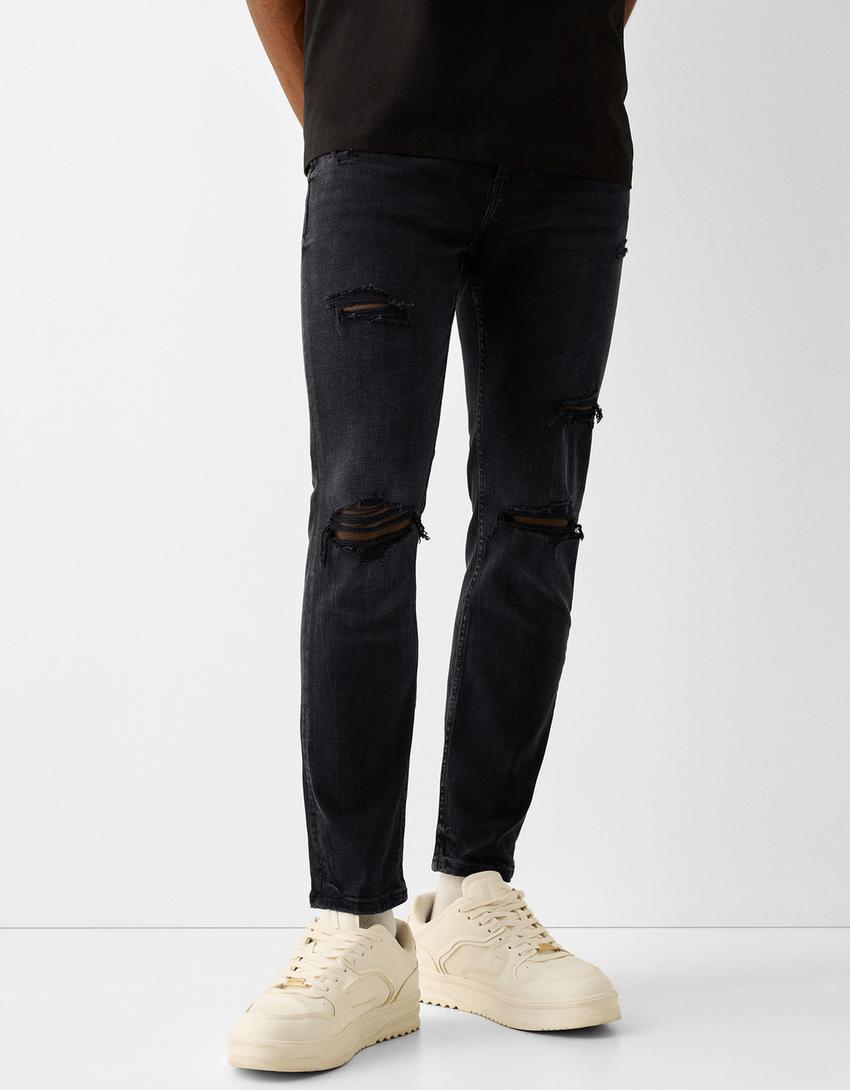 Jeans skinny fit rasgões salpicos-Preto-1