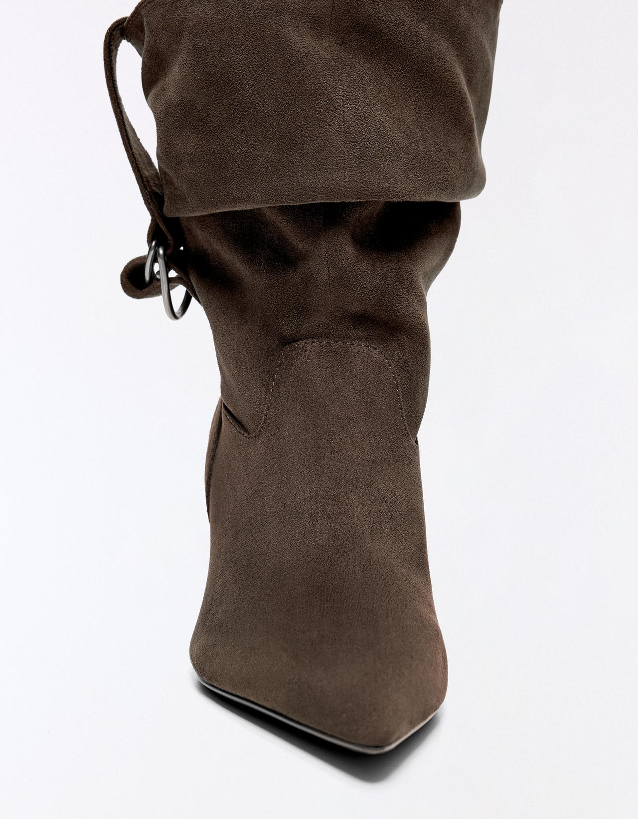 SLOUCHY BUCKLE HEEL ANKLE BOOTS — TAUPE