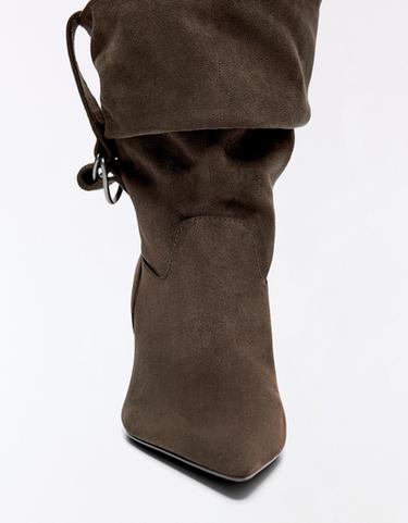 SLOUCHY BUCKLE HEEL ANKLE BOOTS — TAUPE 5