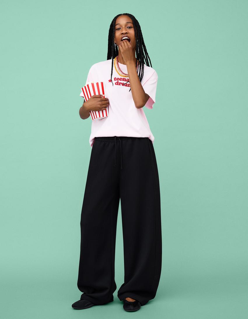 Sweatshirt material barrel pants-Black-0