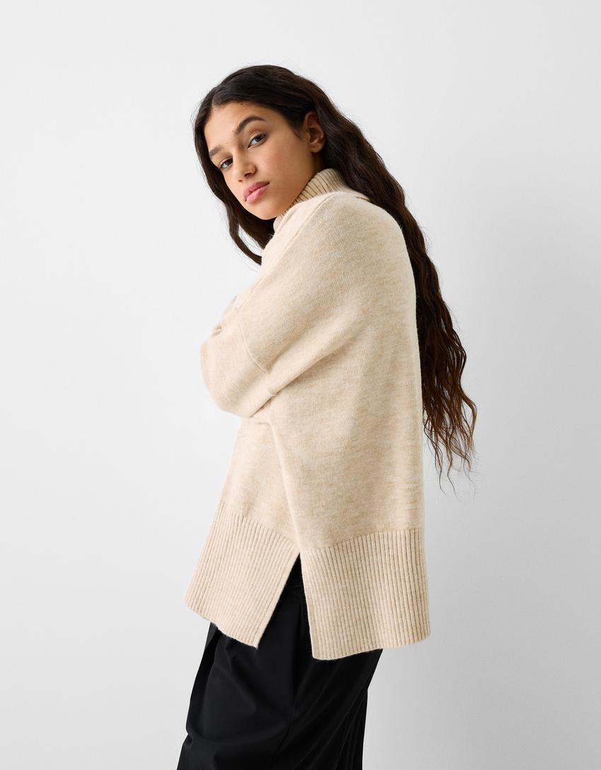 Pull rayé col roulé-Sable-2