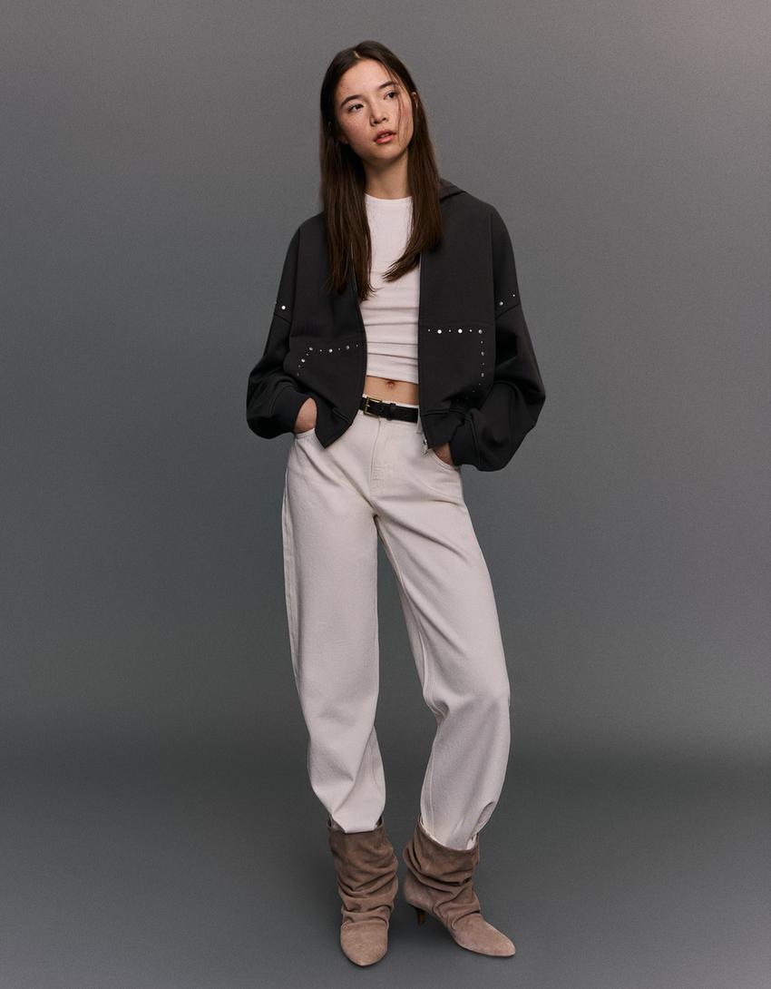 Fermuarlı kapüşonlu zımbalı sweatshirt-Koyu gri