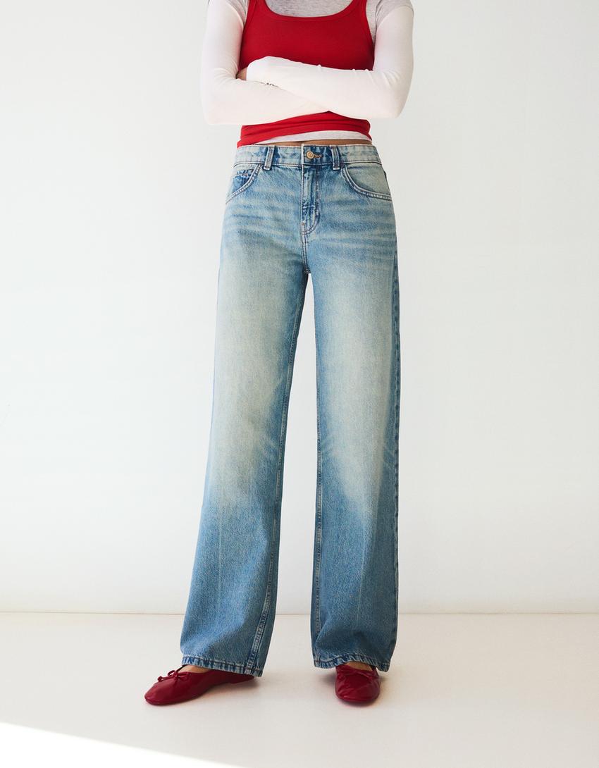 High-waist wide-leg straight jeans-Light blue