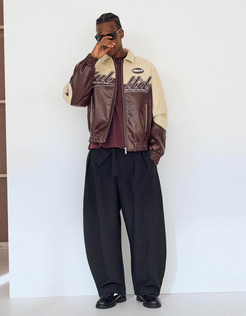 جاكيت جلد صناعي بنمط كتل الألوان-عنابي