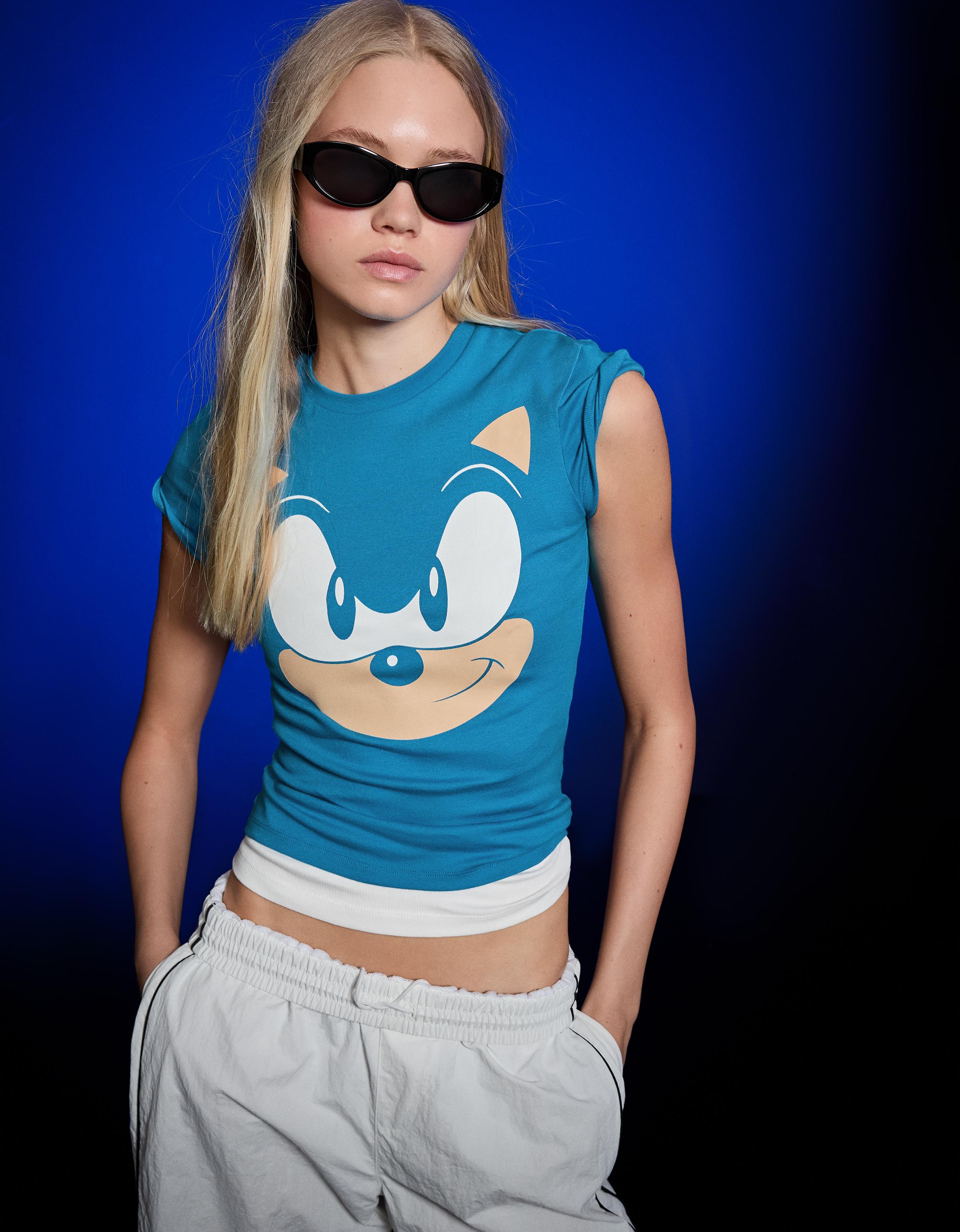 Bershka Camiseta Manga Corta Sonic Mujer L Azul