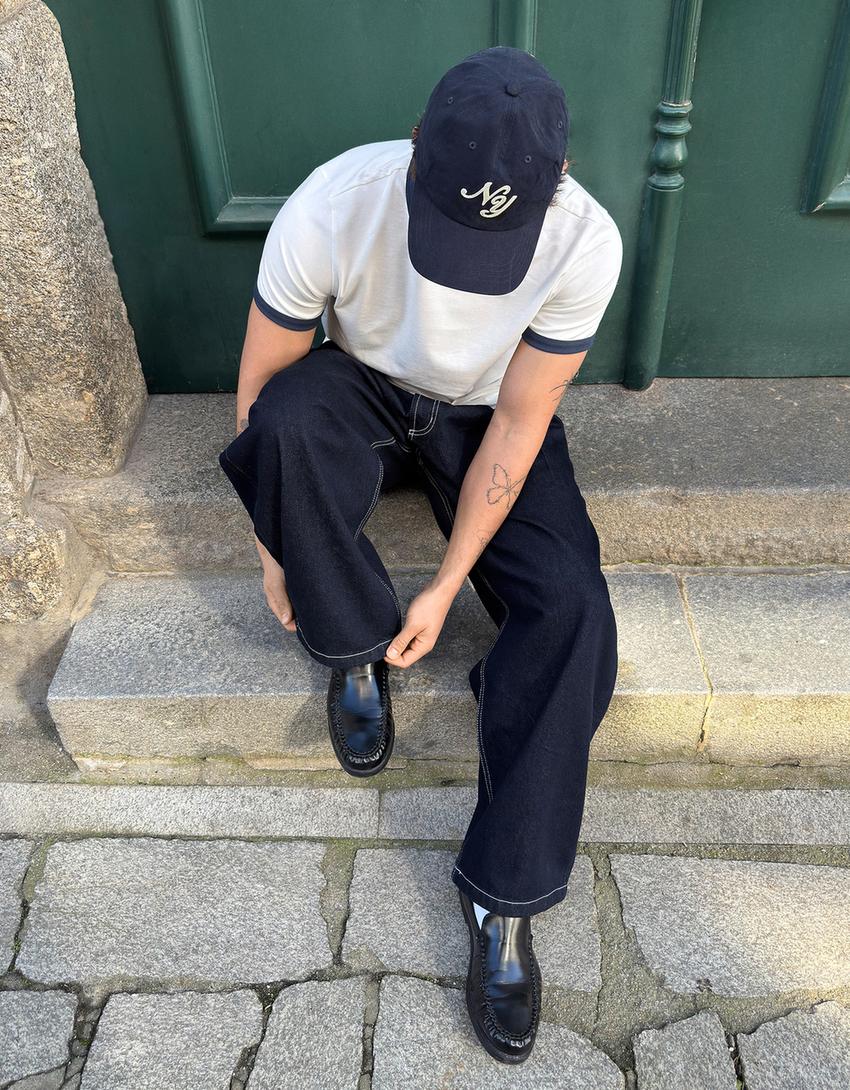 Pleated barrel jeans-Navy