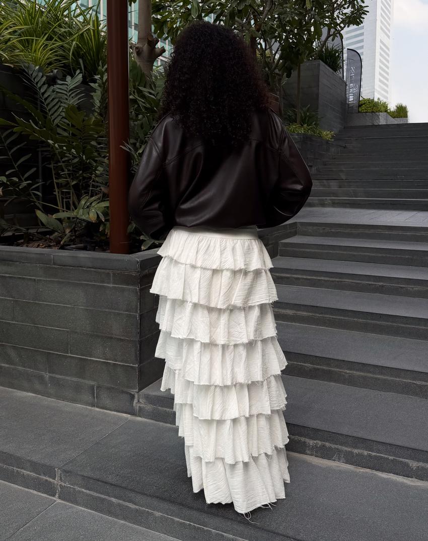 Rustic ruffle midi skirt-Off white