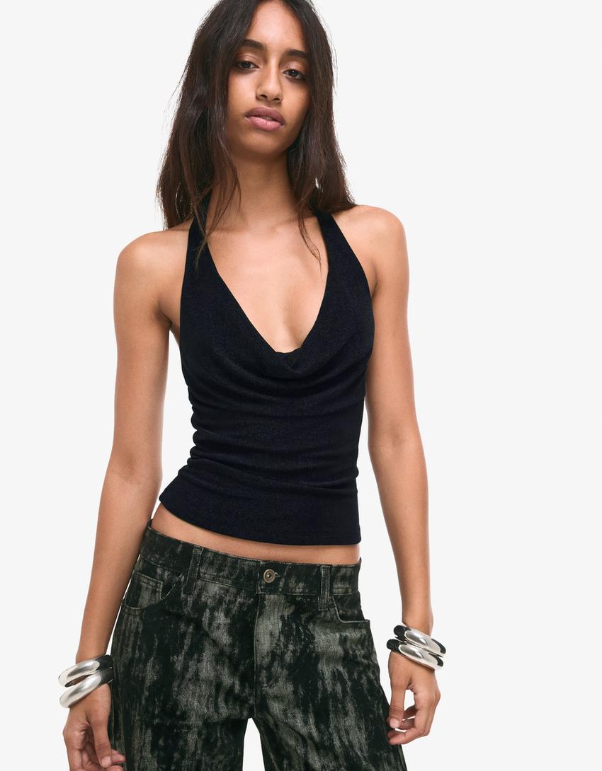 Top encolure américaine drapé-Noir