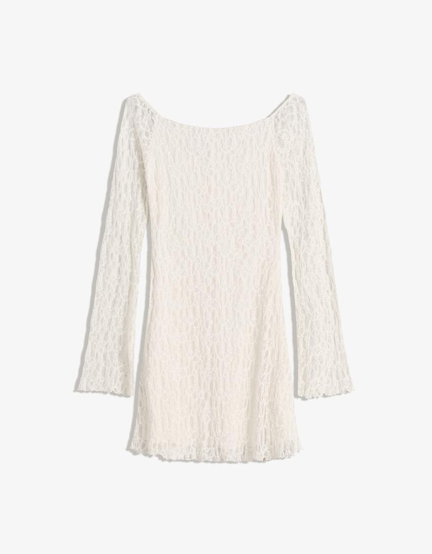 Bardot neckline blonde lace mini dress-Cream