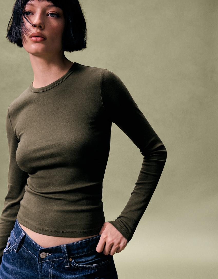 T-shirt de manga comprida-Caqui