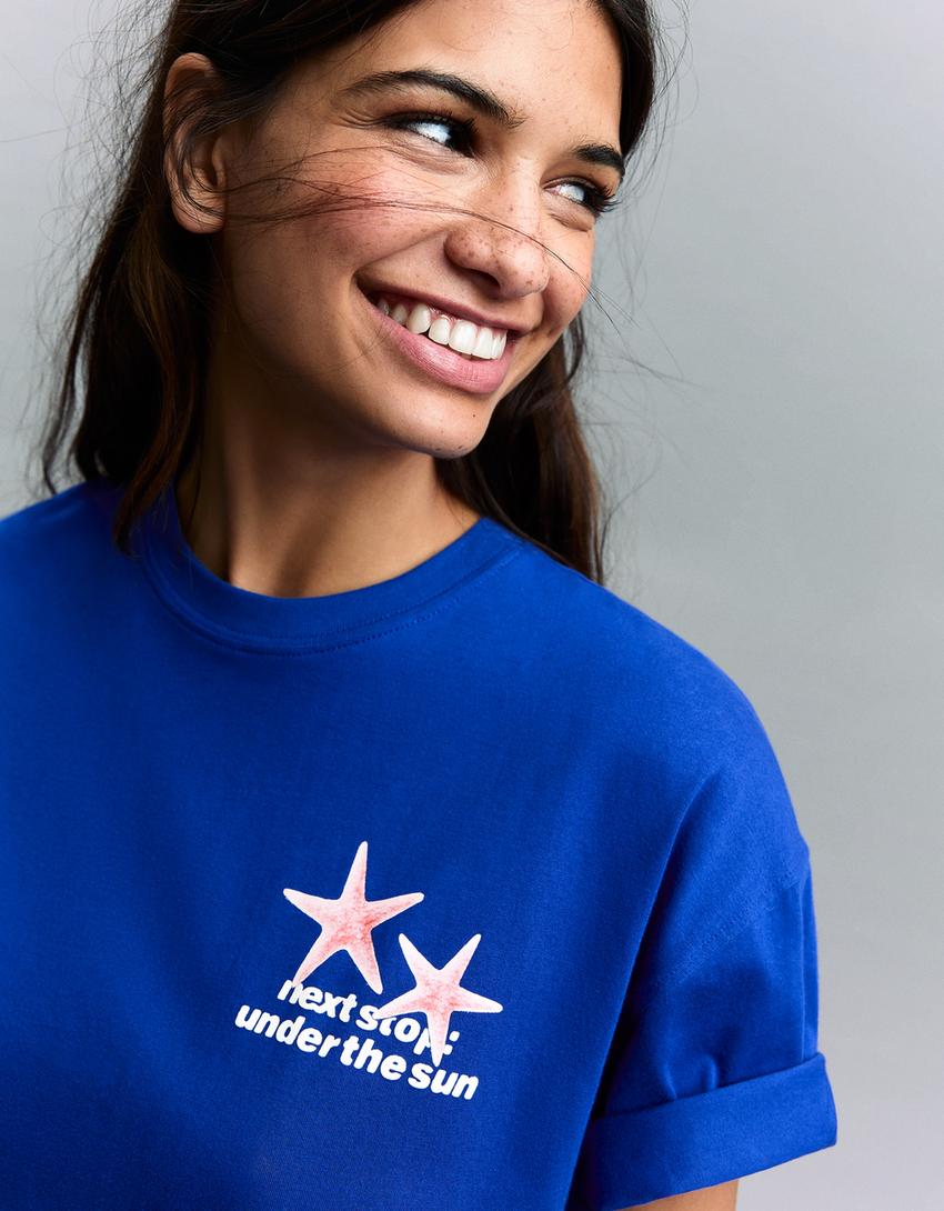 Oversize-T-Shirt mit Print-Blau