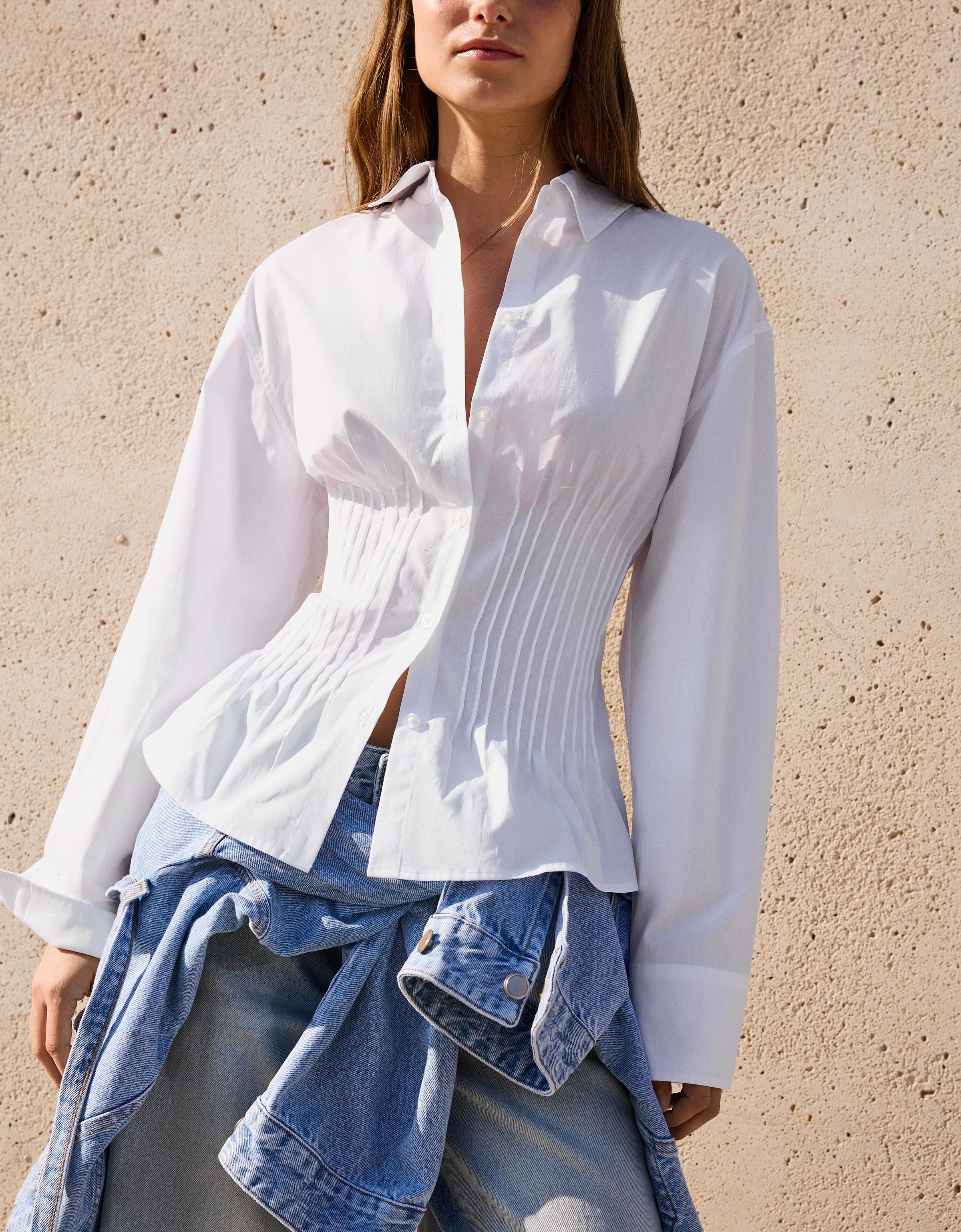 Camisa Entallada Pinzas Mujer L Blanco