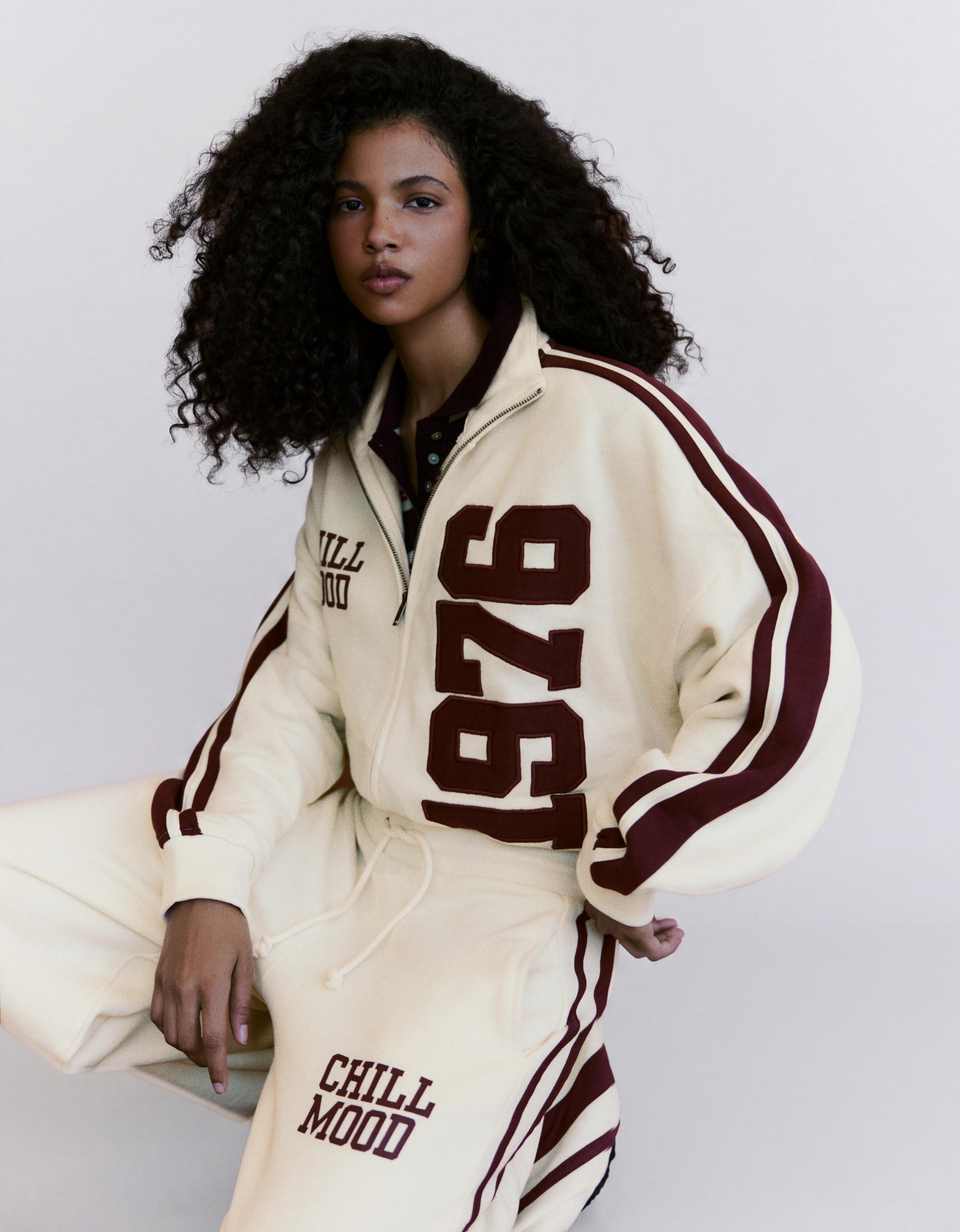 Plush zip-up sweatshirt with patch — Cream