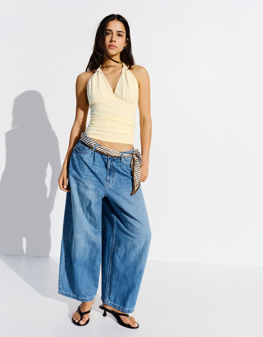 Büzgülü halter top-Bej