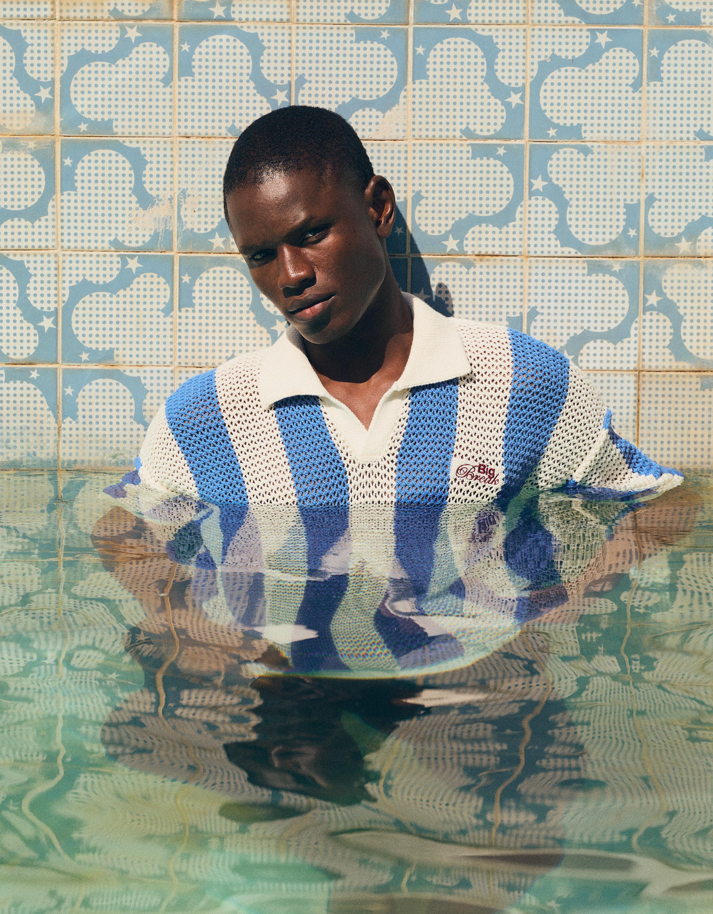 Short sleeve mesh stripe polo — Light blue