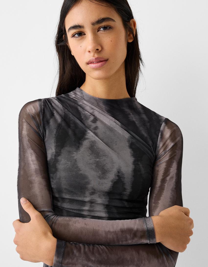 Mini-robe manches longues tulle froncée-Gris foncé-3