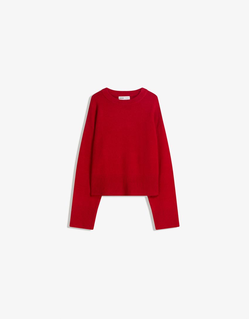 Oversize sweater with ribbed hem-Red