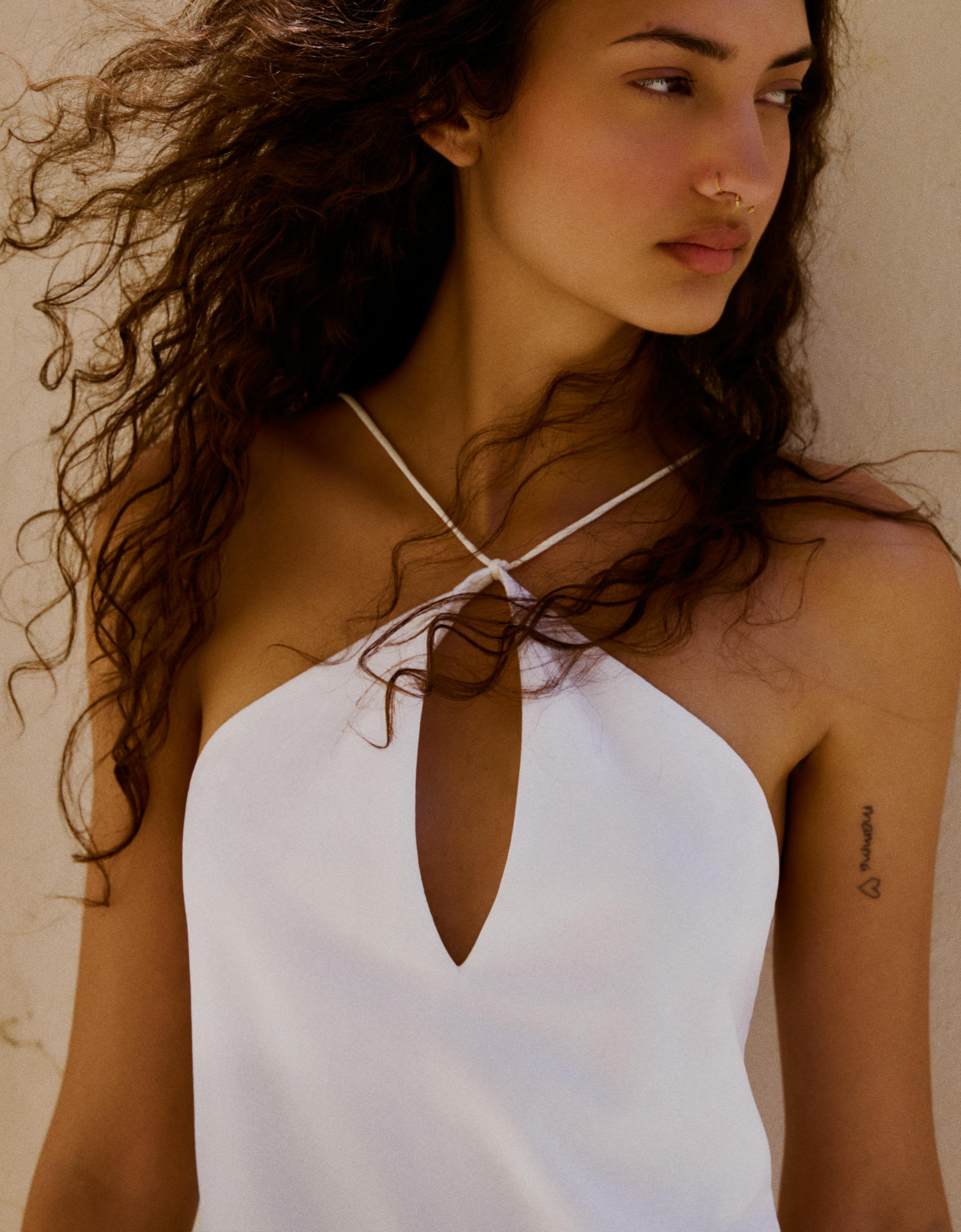 Halter neck jacquard mini dress with fringing — White
