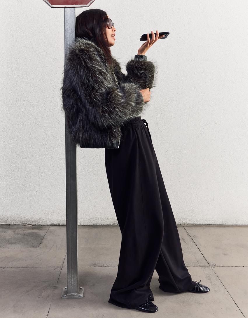 Zip-up faux fur jacket-Grey