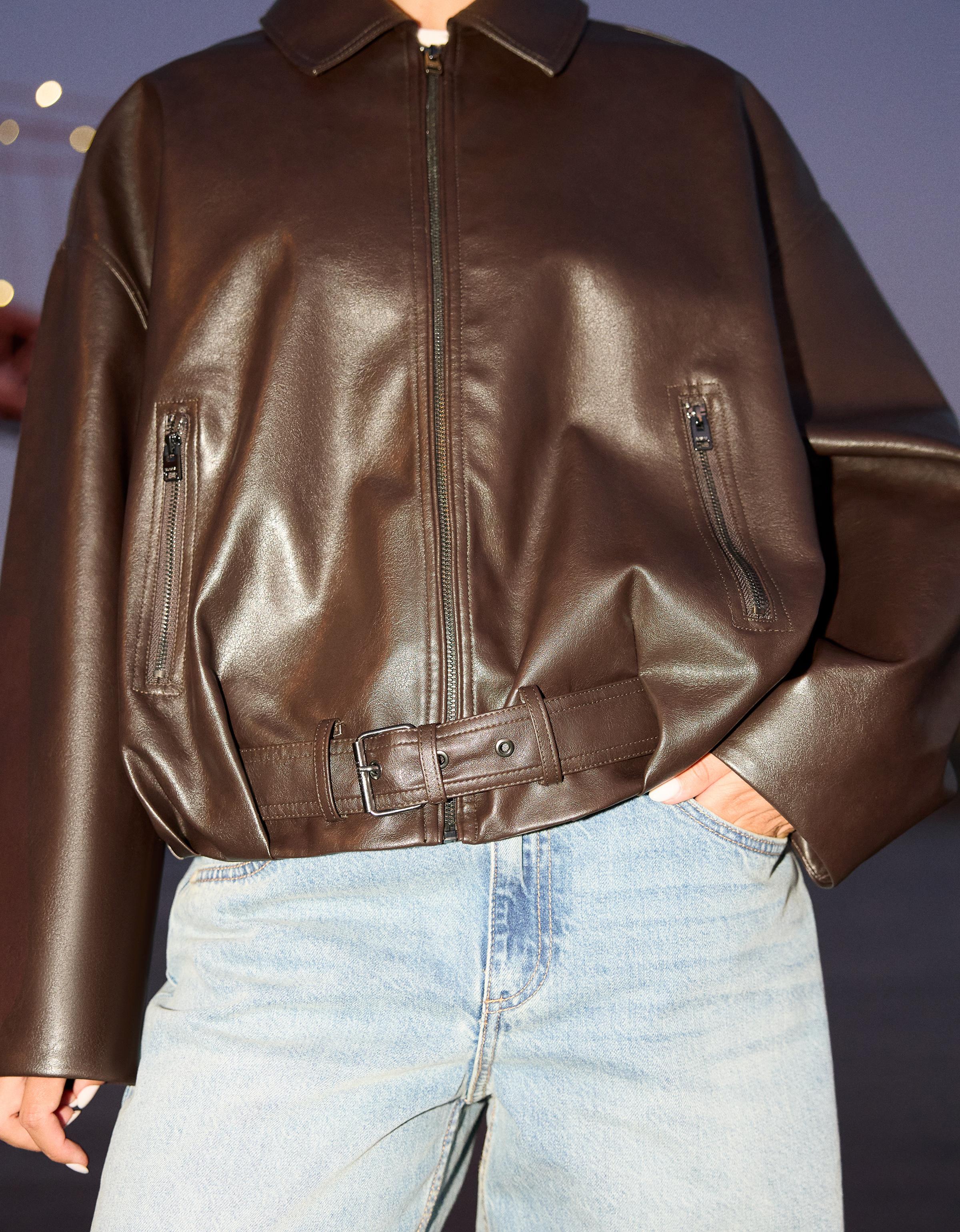 Leather effect bomber jacket with belt — Brown