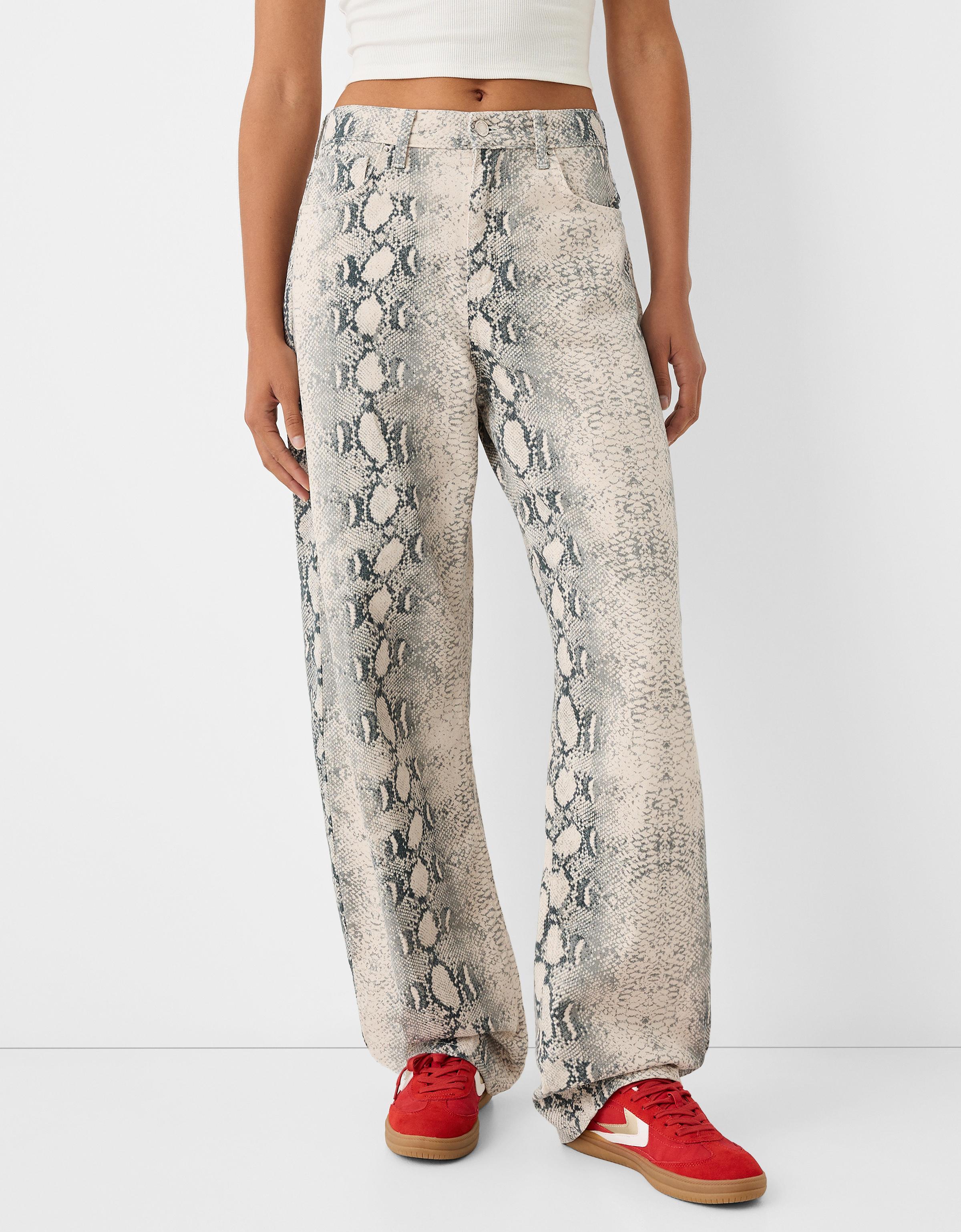 Bershka Balloon Fit-Jeans Mit Animalprint Damen 42 Grau