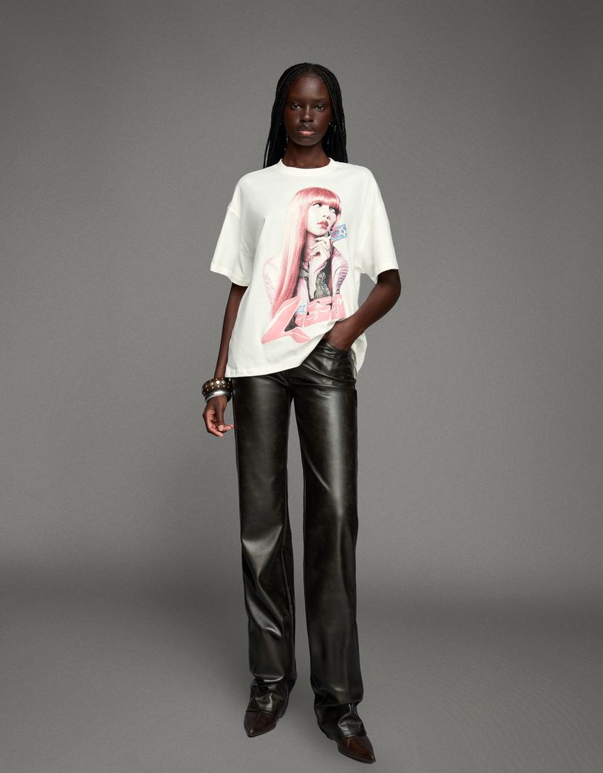 T-shirt uni manches courtes imprimé-Blanc cassé