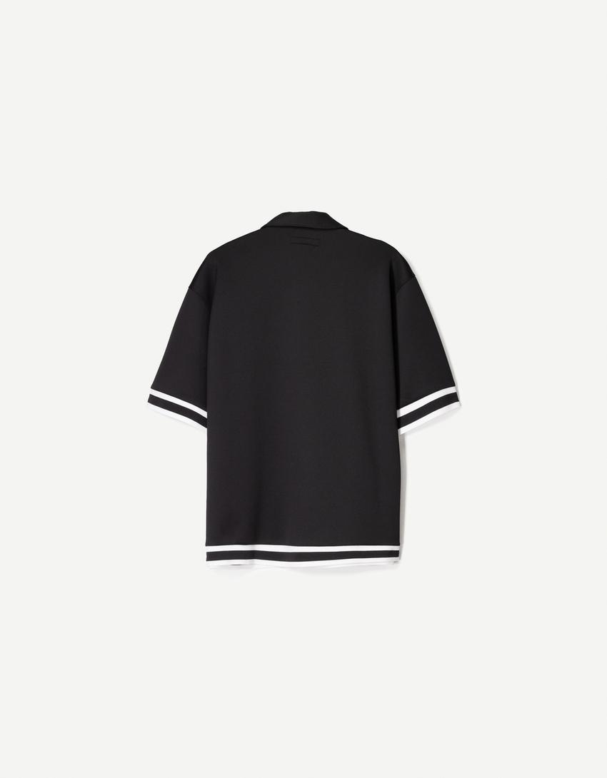 Chemise manches courtes en maille fantaisie avec col cubain ... noir Chemise manches courtes en maille fantaisie avec col cubain ... noir