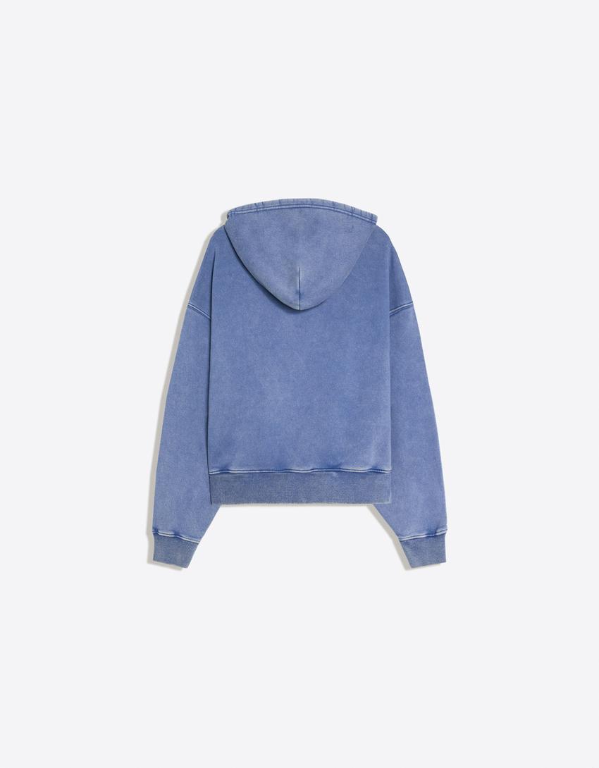 Yıkama efektli baskılı kapüşonlu sweatshirt-Denizci mavisi