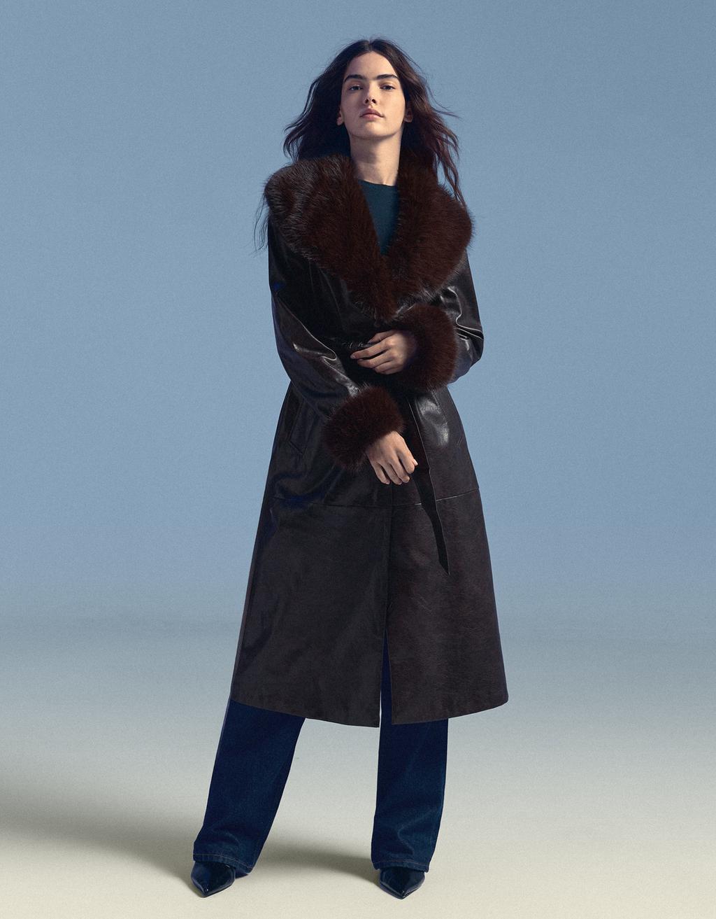 Bershka Leather effect coat with fur