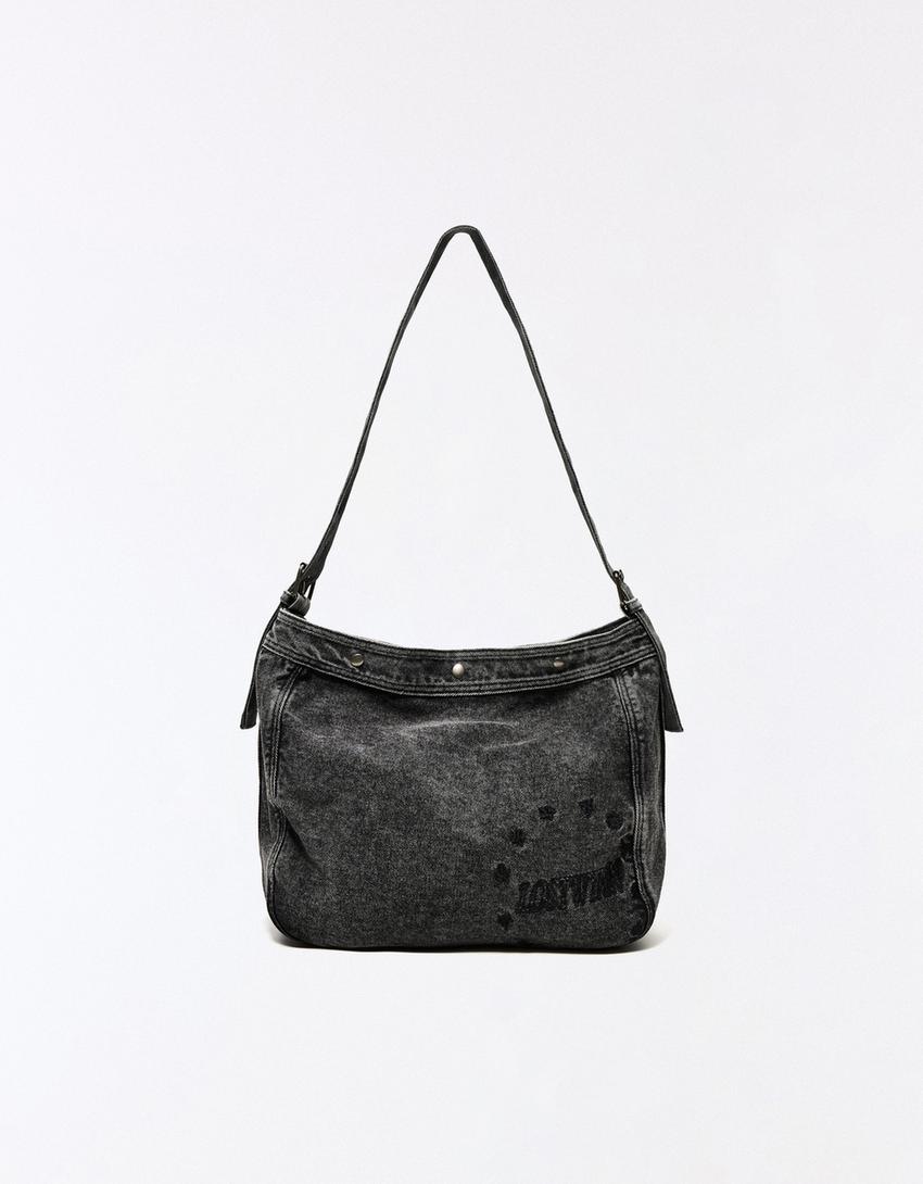 Embroidered denim bag-Black
