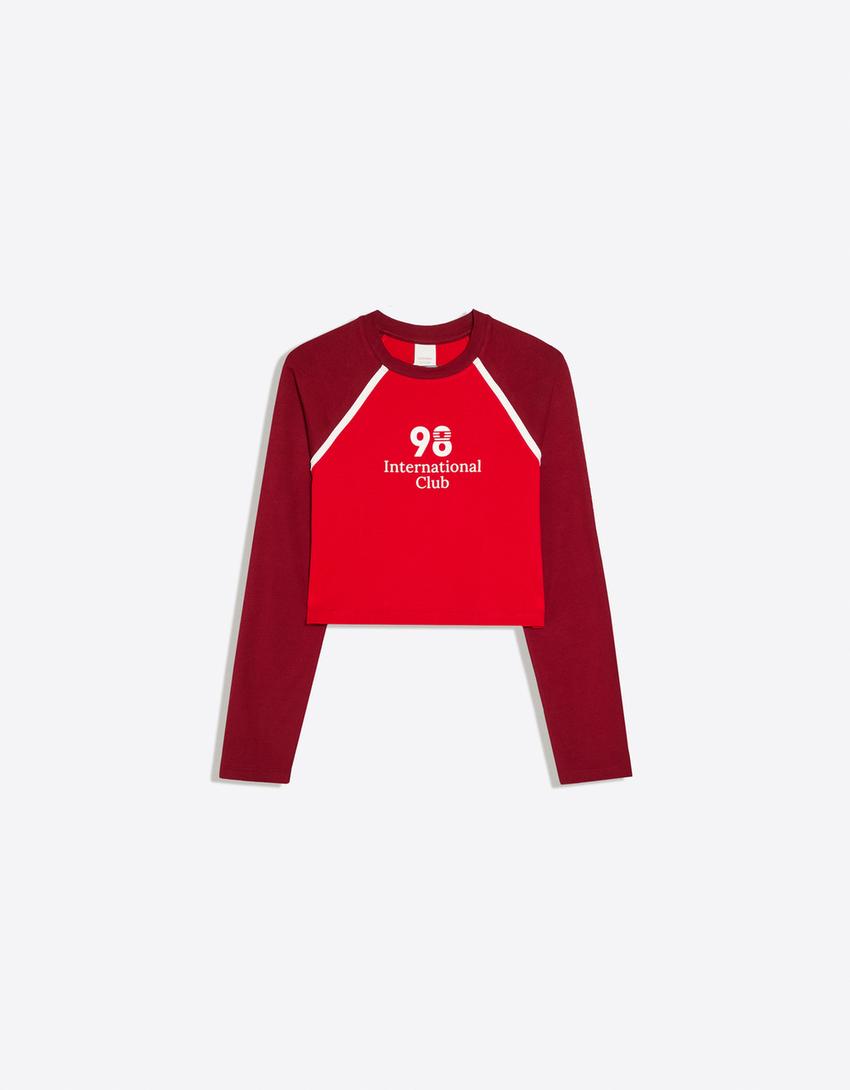 Printed long sleeve raglan T-shirt-Red