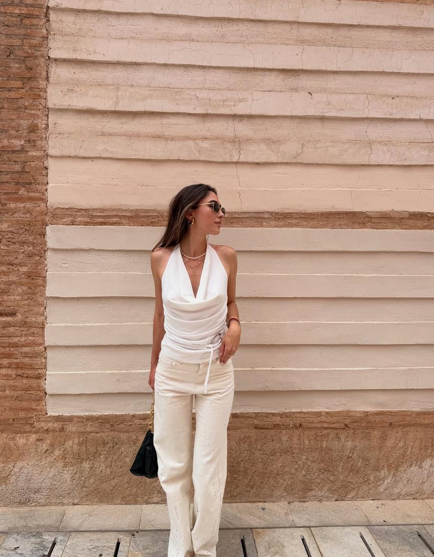 Straight wide leg jeans met stras-Ecru-2