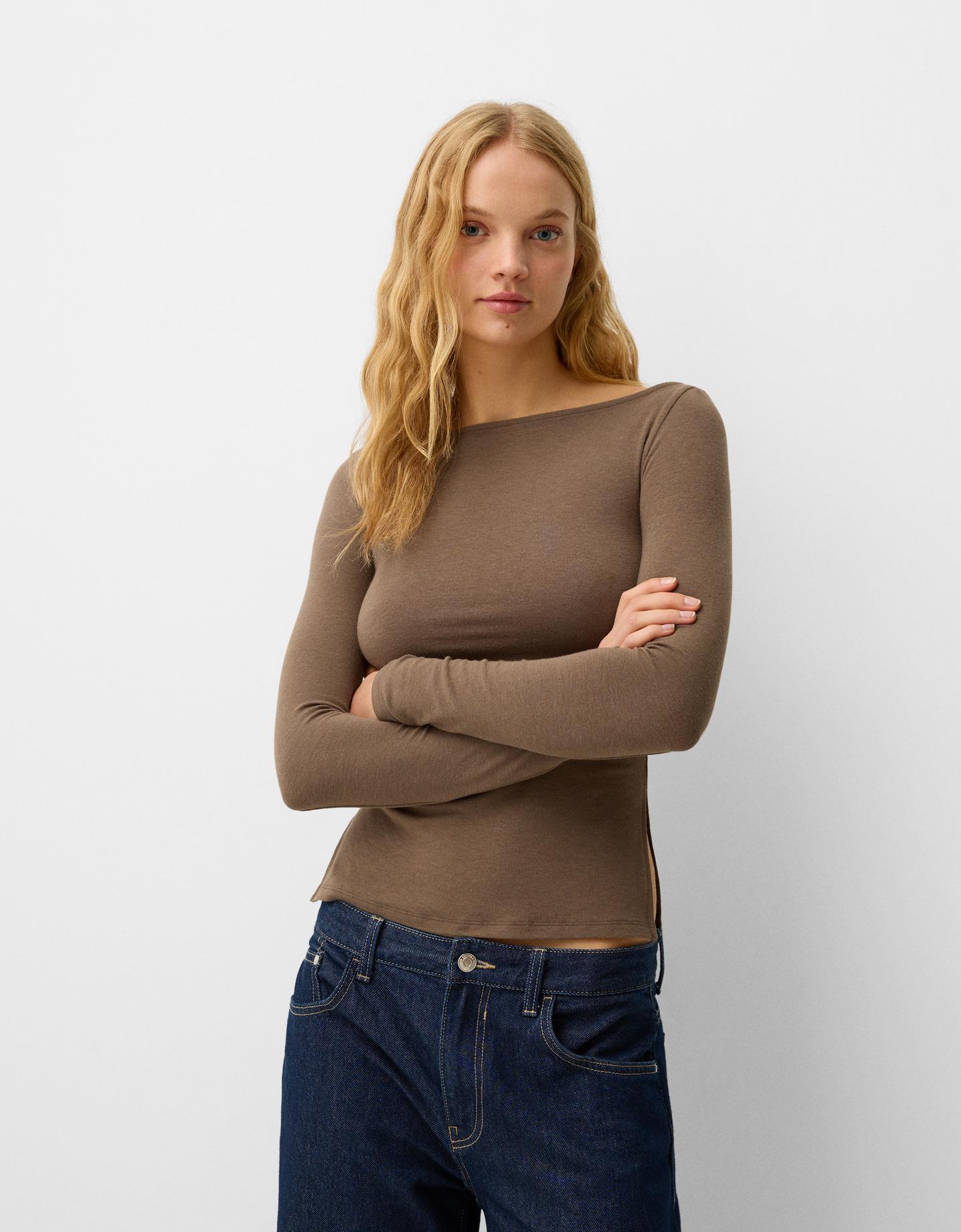 Bershka Langarmshirt Mit Raffung Damen M Nerzfarbe günstig online kaufen